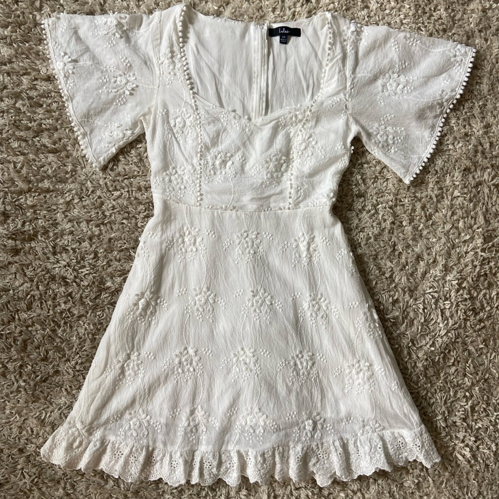 Lulus Cotton White Mini Dress with Embroidered Florals